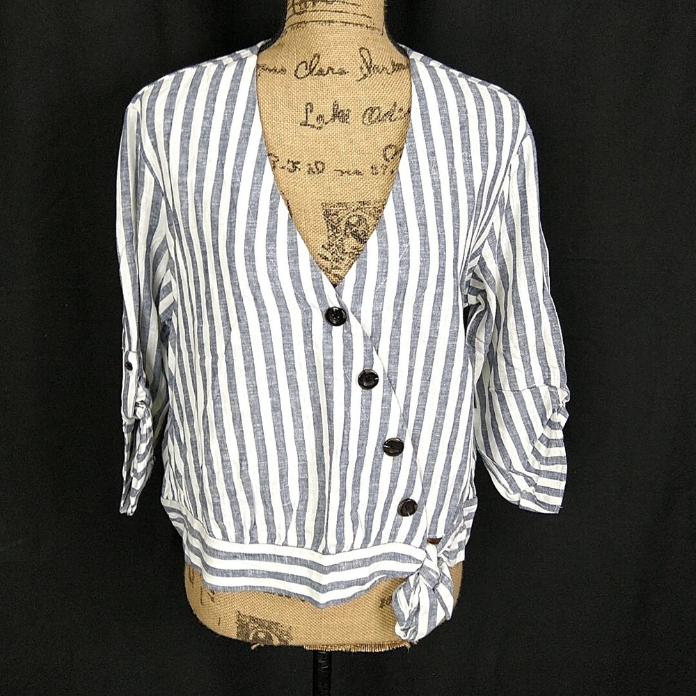 a.n.a Blouse Womens Large Blue Striped Linen Blend Button Side Tie V-Neck Top